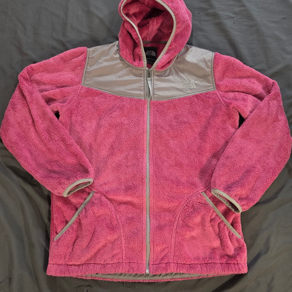 The North Face Girls XL Pink High Pile Fleece Full Zip Hooded Jacket Grey Trim